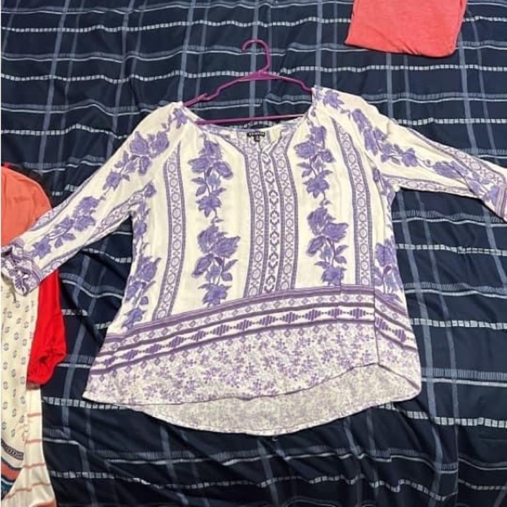 Sheer Blouse with three-quarter length sleeves and blue patterned
